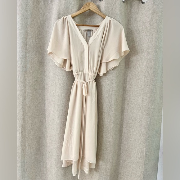 H&M Chiffon Drawstring Waist Dress Beige cream, Size L - Picture 3 of 7